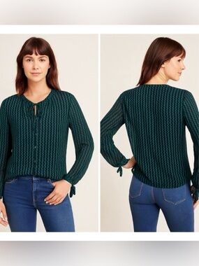 Maeve Women's M Della Zig Zag Blouse Top Tie Neck Top Green Black Sheer Viscose